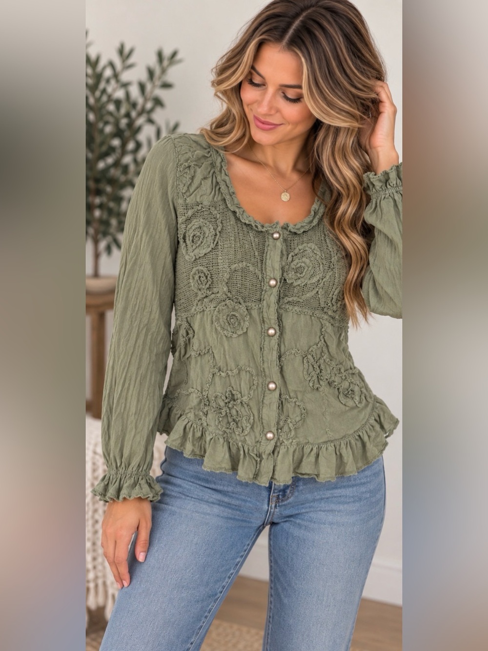 375 Simply Irresistible Olive Green Crochet Floral Ruffle Cottagecore Blouse M
